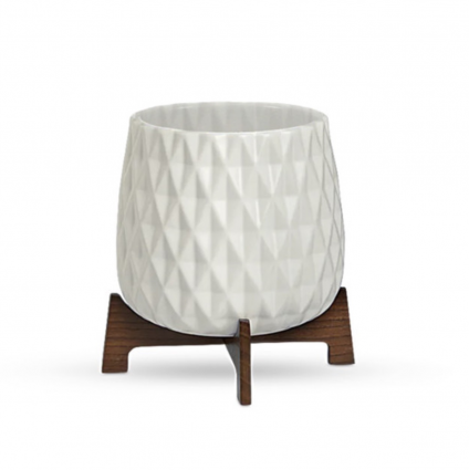 White Mid Mod Geometric Vase with Wooden Stand � 5"
