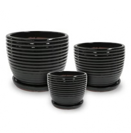 Matte Black Banded Egg Pots with Saucer 5.75"