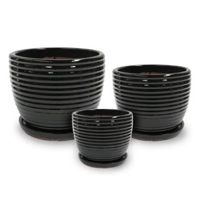 Matte Black Banded Egg Pots with Saucer 7.5" 