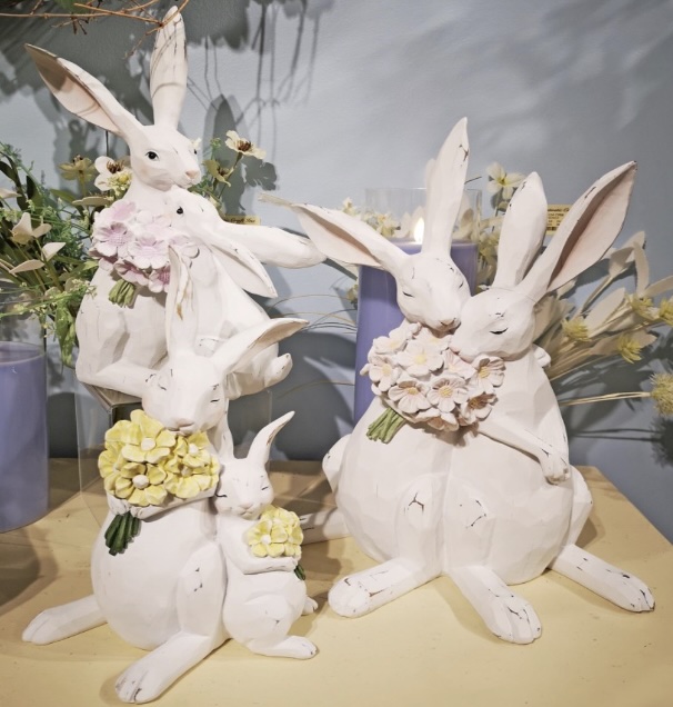 Bunnies Holding a Pink Floral Bouquet 14.5"H