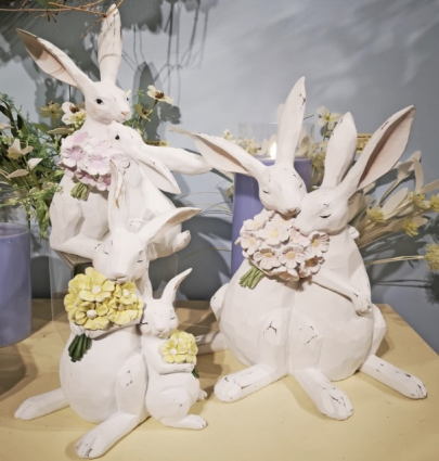 Bunnies Holding a Pink Floral Bouquet 14.5"H