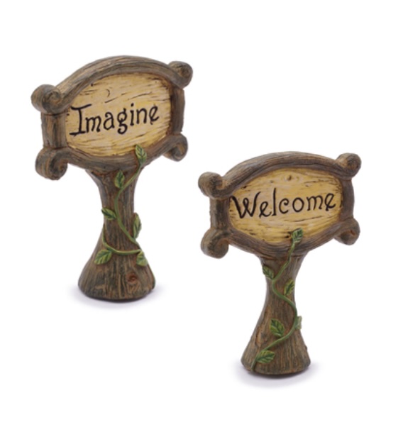 Mini Woodland Signs "Welcome" & "Imagine"