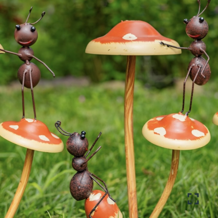 Funny Ants on Iron Mushroom Garden Stakes