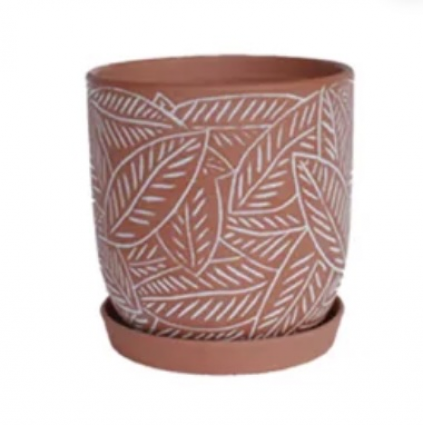 Terra Folia Pot with Saucer White Wash Terracotta 12"