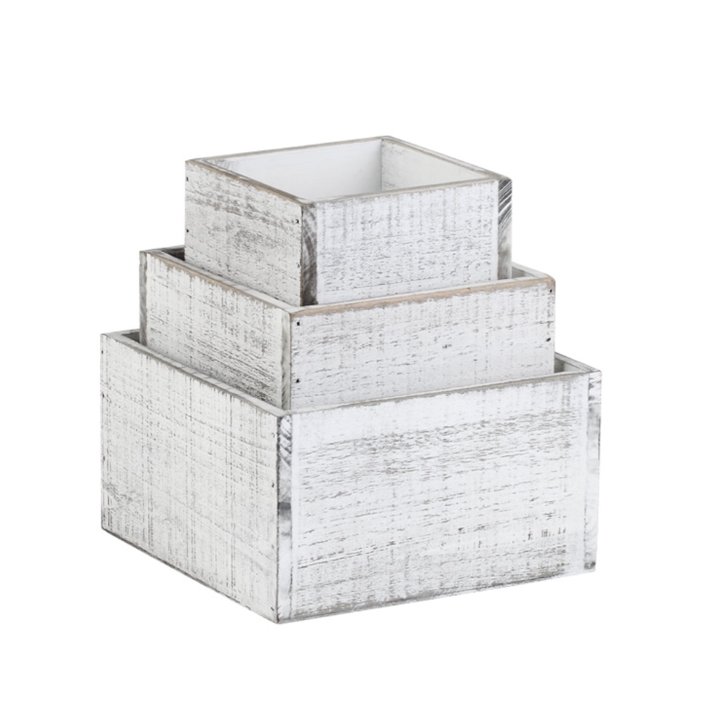 Large Square Whitewash Wood Planter  7.25"