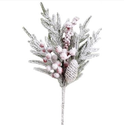 Frosted Cedar Pick with Pinecone & Red Berries 15"