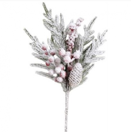 Frosted Cedar Pick with Pinecone & Red Berries 15"