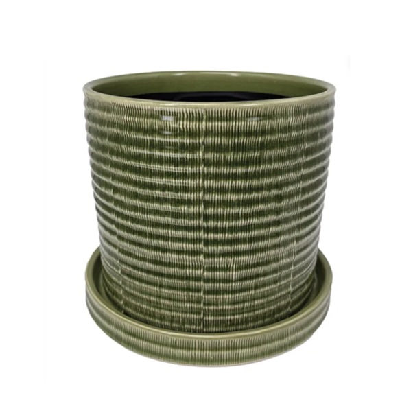 Grass Green Burin Etched Pot 7"