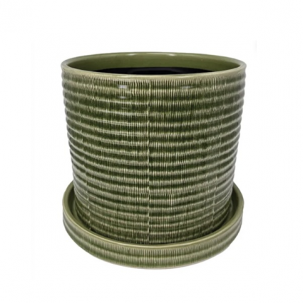 Grass Green Burin Etched Pot 7"