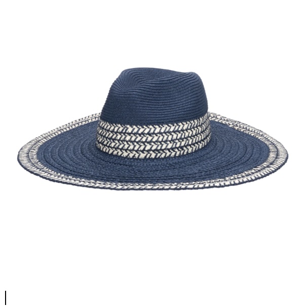 Penny Women�s Blue Paper Braid Fedora with Chevron Trim