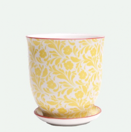 Yellow Flowers Liberte Porcelain Pot and Saucer Set 4.25"