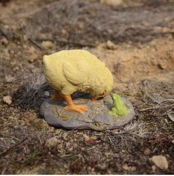Chick Falling Asleep Mid-Meal with Frog Fairy Garden Accent