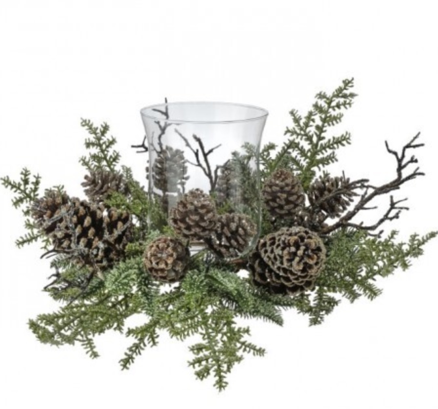 Iced Woods Evergreen Cone Hurricane Centerpiece 22"