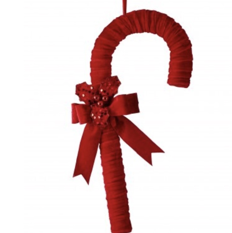 Velvet Candy Cane With Bow and Holly 18"