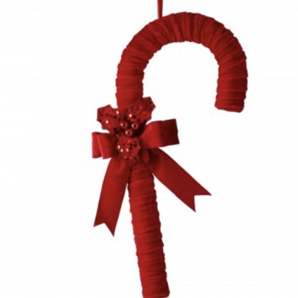 Velvet Candy Cane With Bow and Holly 18"