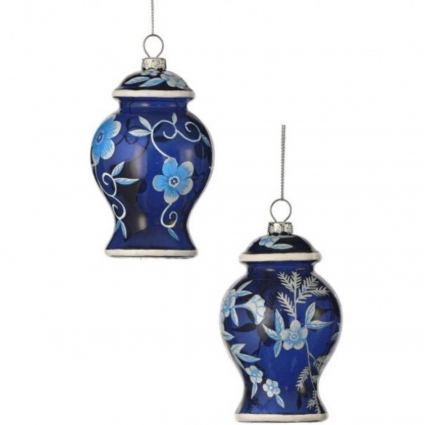 Blue Floral Urn Ornament 4.5"