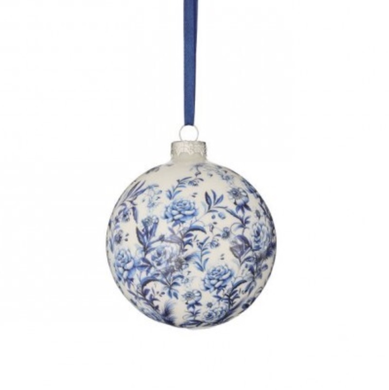 Glass Floral Print Ball Ornament 4"