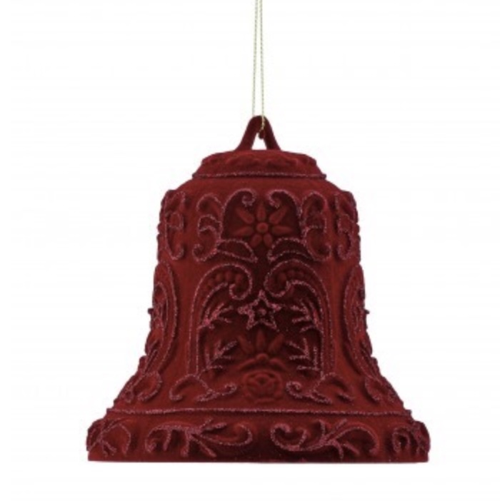 Burgundy Flocked Glitter Bell Ornament 5"