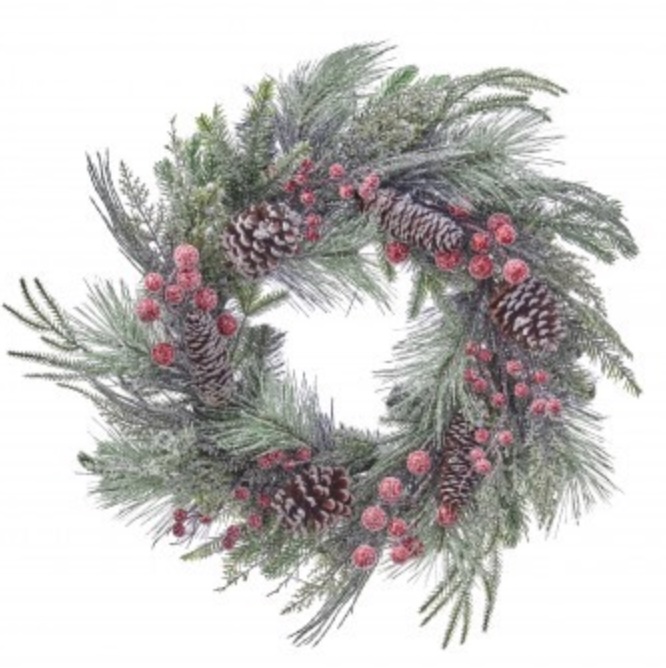 Iced Glitter Berry Cone Evergreen Wreath 24"