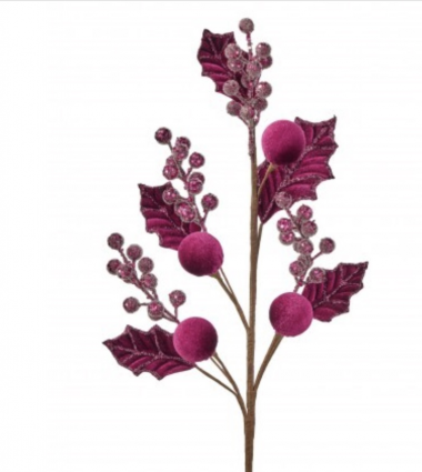 Burgundy Velvet Ball Leaf & Berry Spray 24"