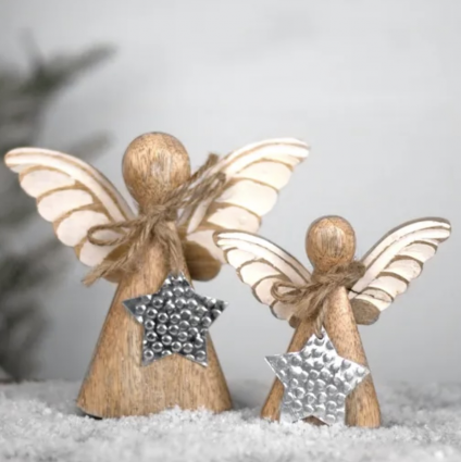Wooden Angel with Metal Star 3.7"
