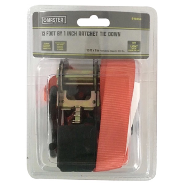 Master Mechanic Ratchet Tie-Down with Vinyl-Coated S-Hooks 1" x 13'