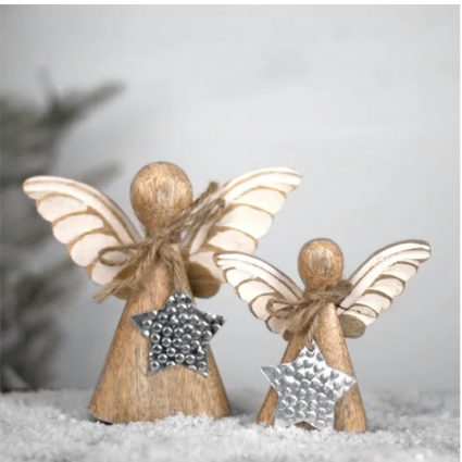 Wooden Angel With Metal Star 5.5"H