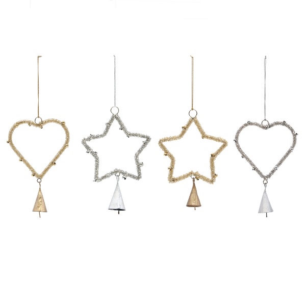 Glass Beaded Metal Stars & Hearts Ornaments with Bells 6"