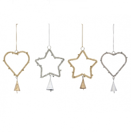 Glass Beaded Metal Stars & Hearts Ornaments with Bells 6"