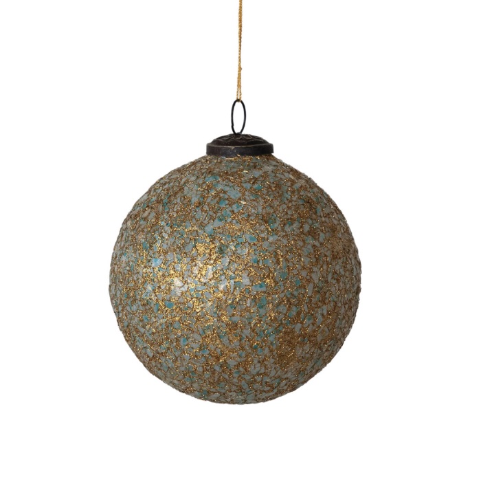 Glass Ball Ornament with Mica Flakes Gold Finish & Teal 5"