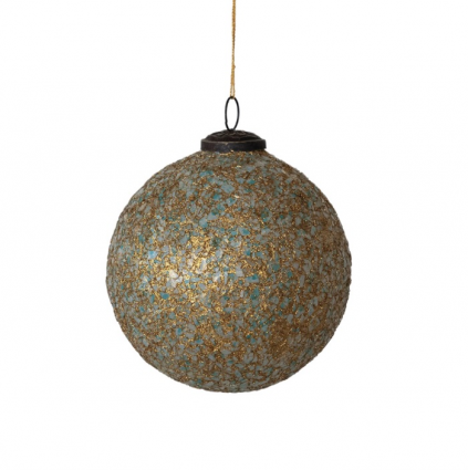 Glass Ball Ornament with Mica Flakes Gold Finish & Teal 5"