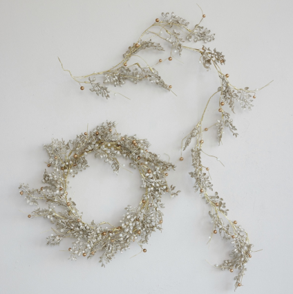 Plastic Garland with Faux Pearls, Glitter & Beads Gold & Silver Finish 59"