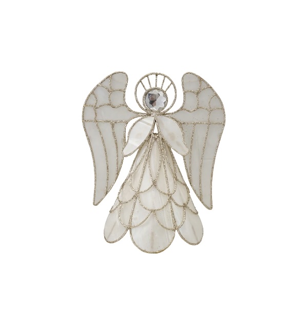 Metal & Faux Capiz Angel Tree Topper with Gold Glitter & Acrylic Jewel 10"H