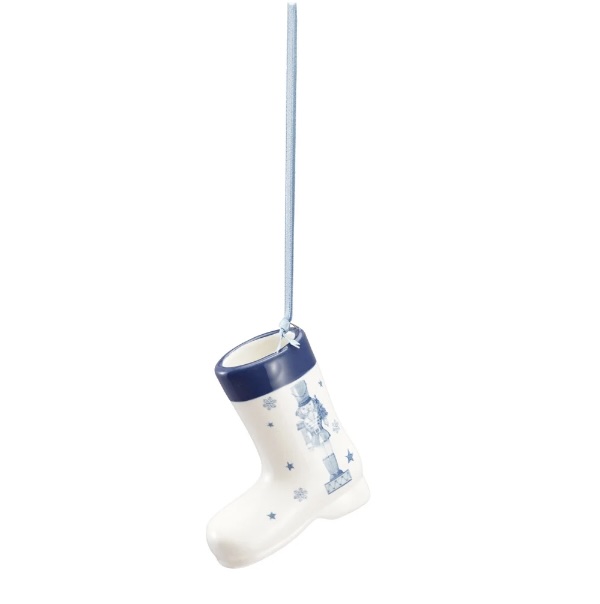 White & Blue Ceramic Boot Ornament with Nutcracker 2.75"