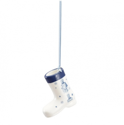 White & Blue Ceramic Boot Ornament with Nutcracker 2.75"