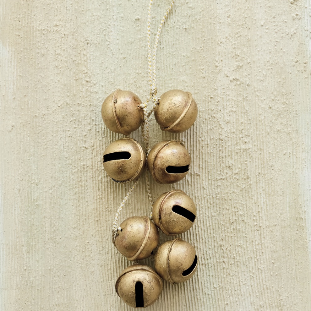 Hanging Metal Jingle Bell Cluster with White & Gold Cord, Gold Finish 16"