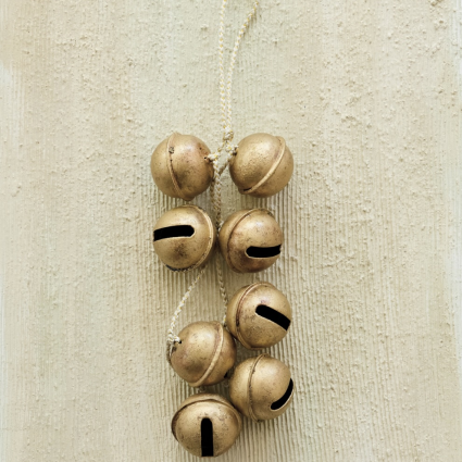 Hanging Metal Jingle Bell Cluster with White & Gold Cord, Gold Finish 16"
