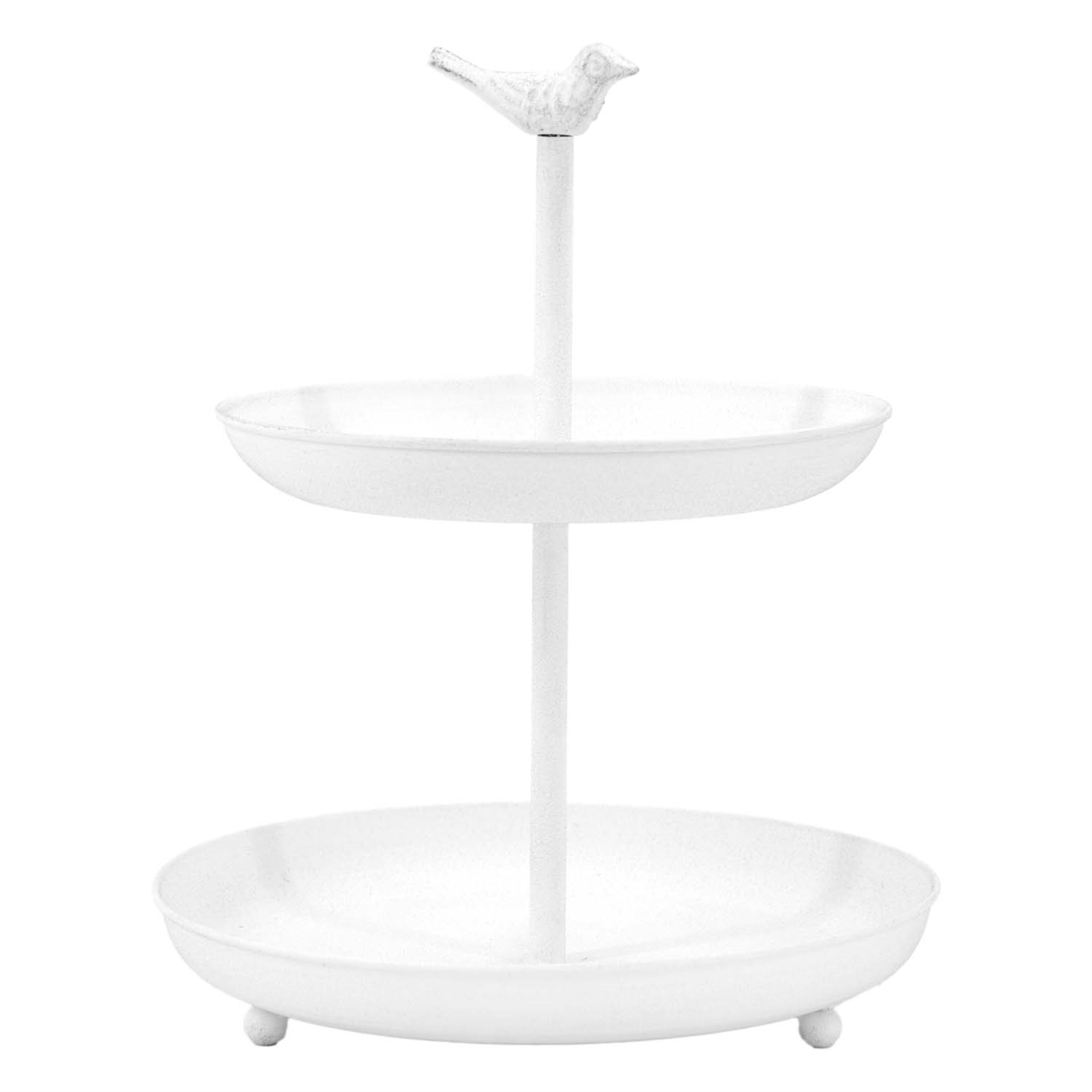 White Metal Two-Tier Tray with Bird 13"H