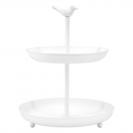 White Metal Two-Tier Tray with Bird 13"H