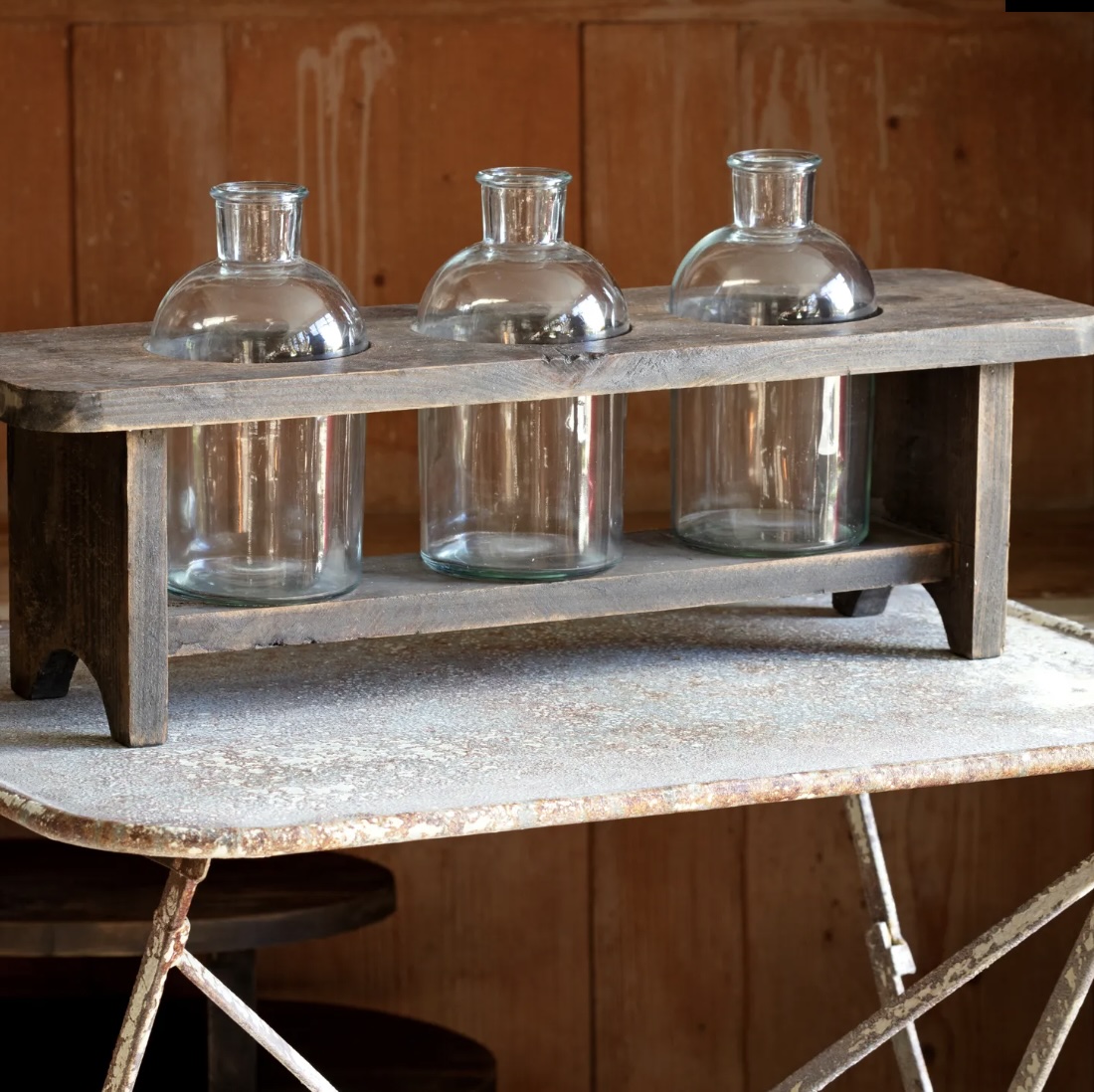 Flower Lab Wooden Stand with 3 Glass Bottles
