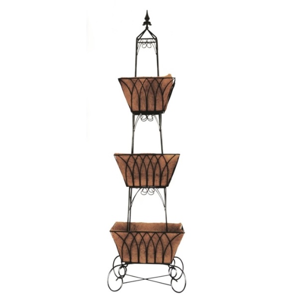 Ornate Three-Tier Metal Planter with Coco Liners