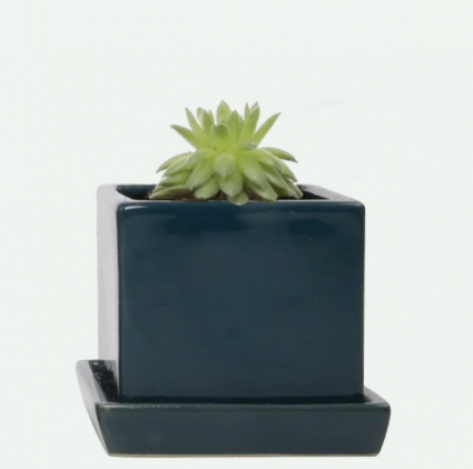 Green Blue Cube Ceramic Pot with Saucer 3"