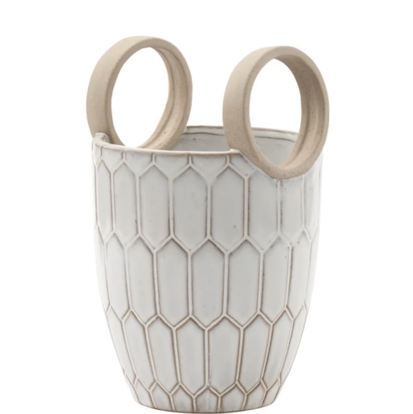 White Geometric Ceramic Handled Planter 6.25"