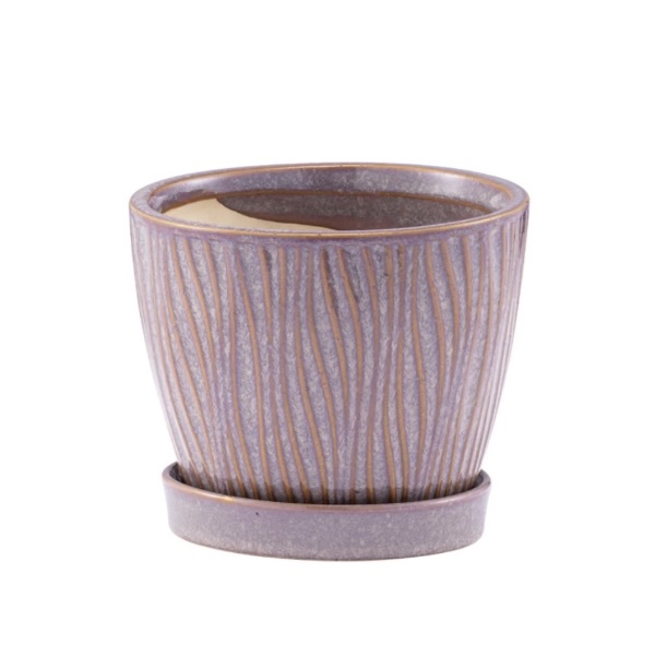 Brown Swirl Lines Planter with Saucer 4.75"