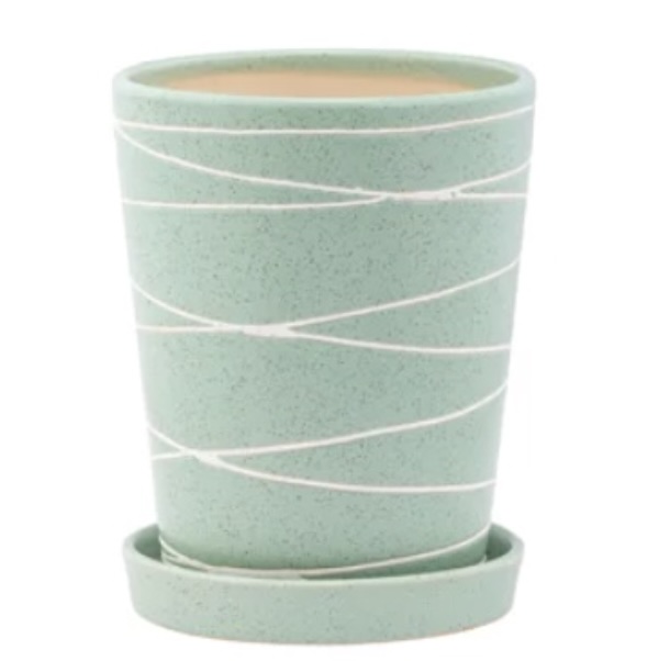 Green White Lines Ceramic Pot with Saucer  5"