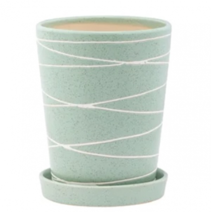 Green White Lines Ceramic Pot with Saucer  5"