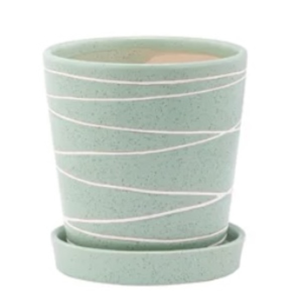Green White Lines Ceramic Pot with Saucer 4"