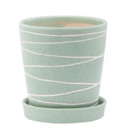 Green White Lines Ceramic Pot with Saucer 4"