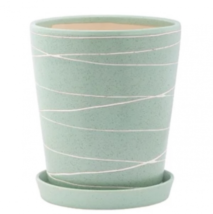 Green White Lines Ceramic Pot with Saucer 6.5"