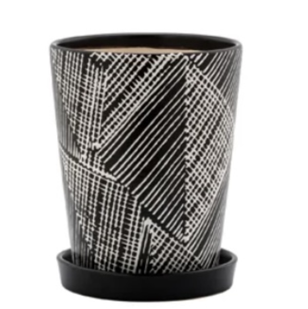 Diagonal Black Plaid Ceramic Pot with Saucer 5″